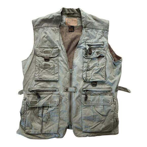 Vintage Eddie Bauer Khaki Green Sleevless Fishing Camping Full Zip Size Large - Picture 1 of 13